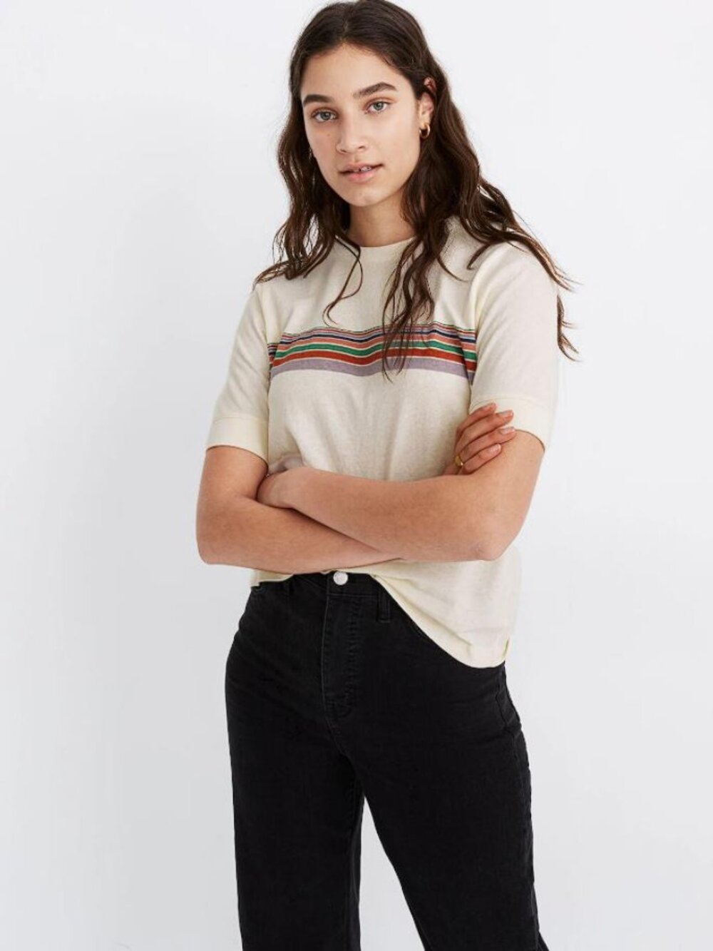 MADEWELL Women's Recycled Cotton Placed-Stripe Relaxed Tee Size XS in Parchment